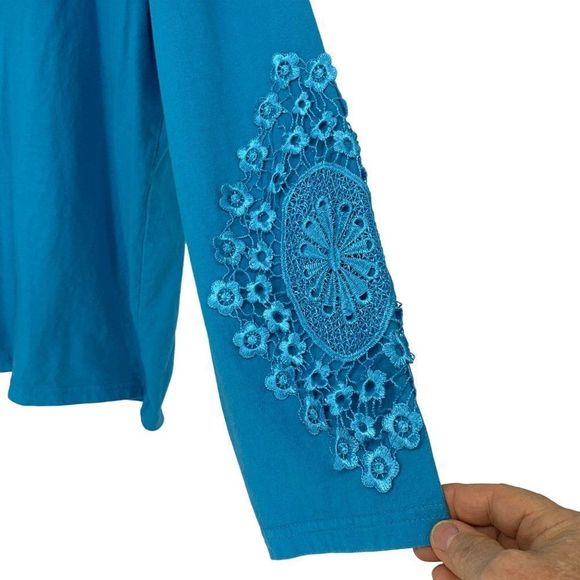 Womens Collections ETC Blue Embroider Lace Tshirt Top Long Sleeve XXL 3087 - Picture 2 of 8